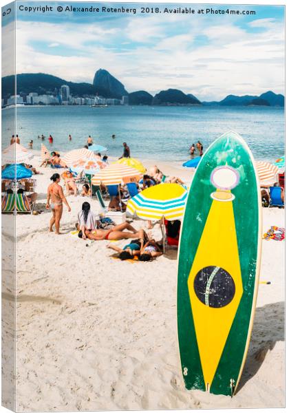 Long board with Brazilian flag on Copacabana Beach Canvas Print by Alexandre Rotenberg