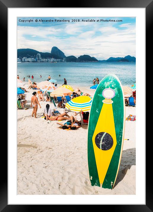 Long board with Brazilian flag on Copacabana Beach Framed Mounted Print by Alexandre Rotenberg