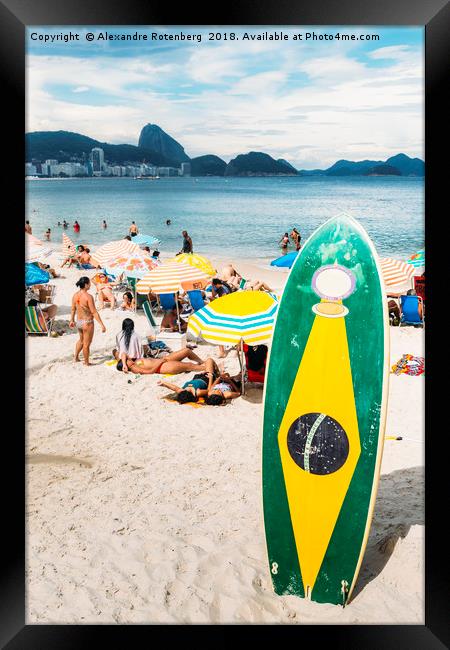 Long board with Brazilian flag on Copacabana Beach Framed Print by Alexandre Rotenberg