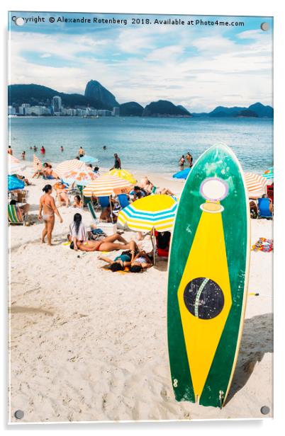 Long board with Brazilian flag on Copacabana Beach Acrylic by Alexandre Rotenberg