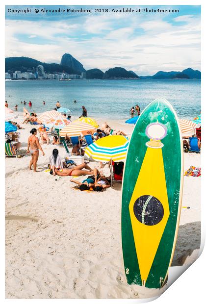 Long board with Brazilian flag on Copacabana Beach Print by Alexandre Rotenberg
