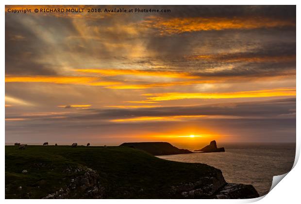 Worms Head Gower At Sunset Print by RICHARD MOULT