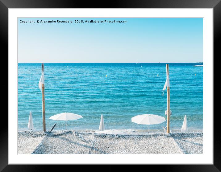Giant white beach umbrella next to the ocean again Framed Mounted Print by Alexandre Rotenberg