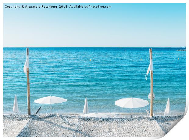 Giant white beach umbrella next to the ocean again Print by Alexandre Rotenberg