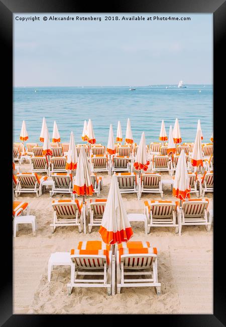 Rows of empty beach lounges in Juan les Pins, Fran Framed Print by Alexandre Rotenberg