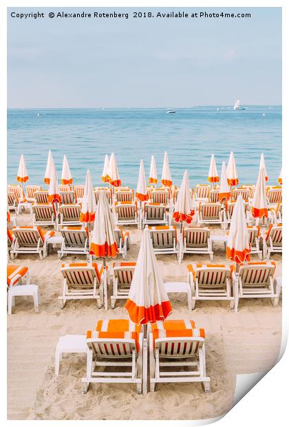Rows of empty beach lounges in Juan les Pins, Fran Print by Alexandre Rotenberg
