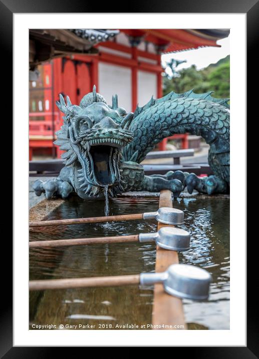 Japanese water cups, with a dragon dispensing wate Framed Mounted Print by Gary Parker
