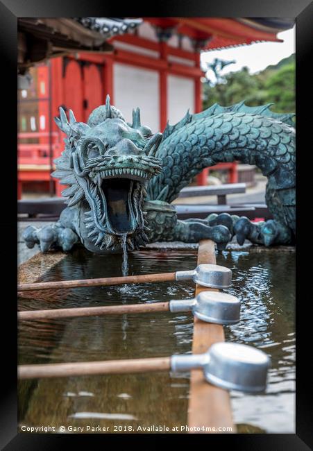 Japanese water cups, with a dragon dispensing wate Framed Print by Gary Parker