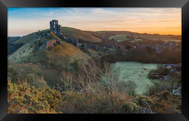 Corfe Castle sunrise Framed Print by keith mitchell