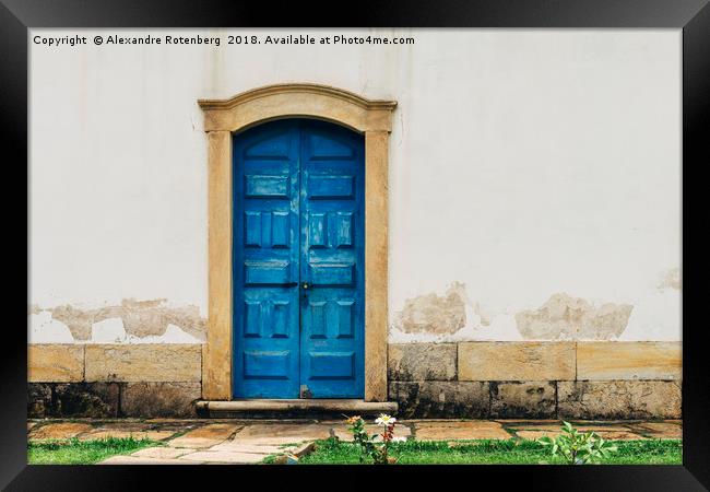 Blue vintage door - Ouro Preto, Brazil Framed Print by Alexandre Rotenberg