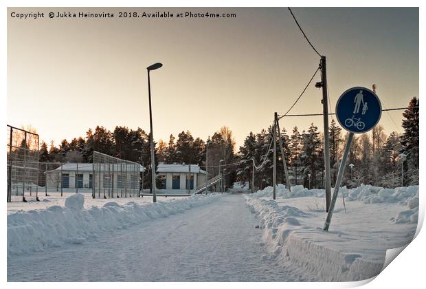 Snowy Path to the Town Print by Jukka Heinovirta