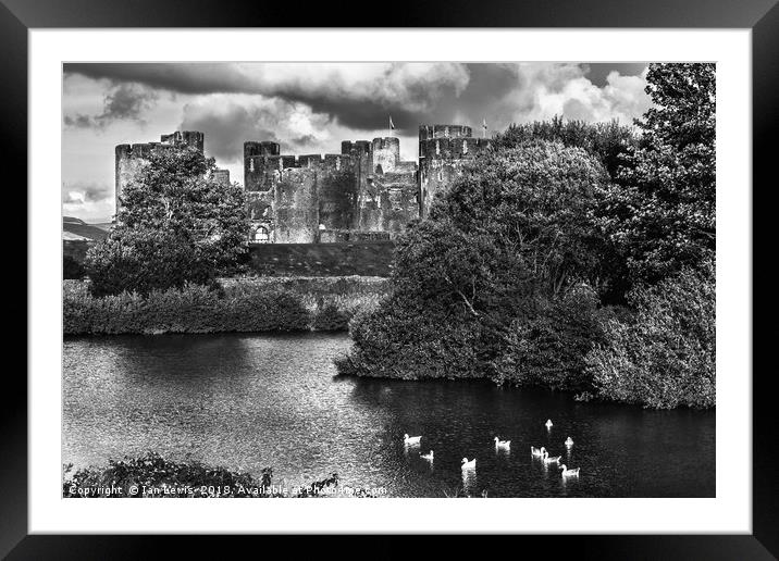 Caerphilly Castle Western Towers mono Framed Mounted Print by Ian Lewis