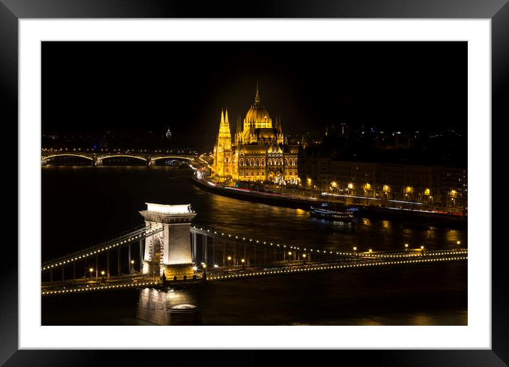 Budapest At Night Framed Mounted Print by David Pyatt