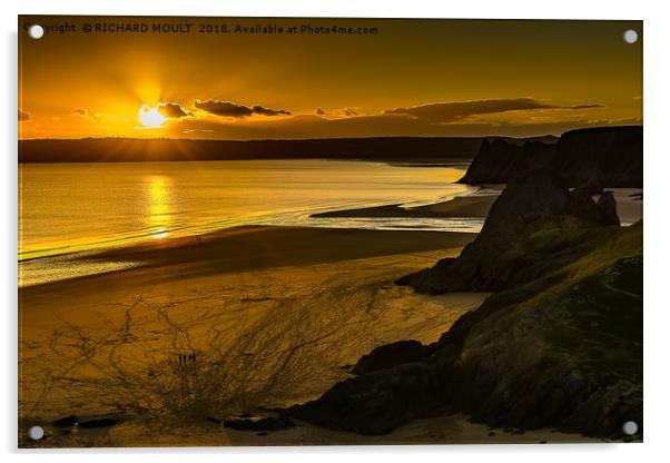 Sunset At Three Cliffs Bay Gower Acrylic by RICHARD MOULT