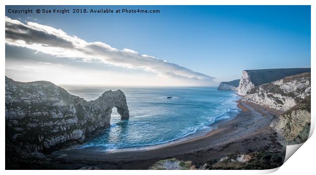 A view of Durdle Door and the beach below  Print by Sue Knight