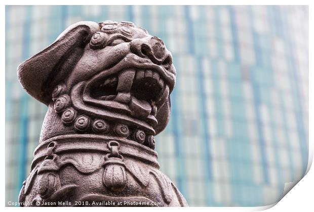 Lion statue against a modern background Print by Jason Wells
