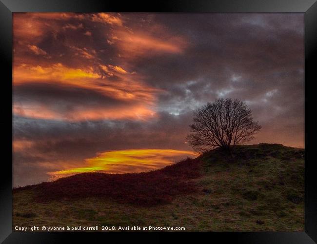 Dramatic sunset - tree on a hill Framed Print by yvonne & paul carroll