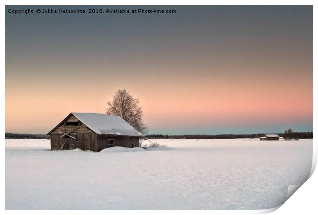 Lonely Barns On The Snowy Fields Print by Jukka Heinovirta
