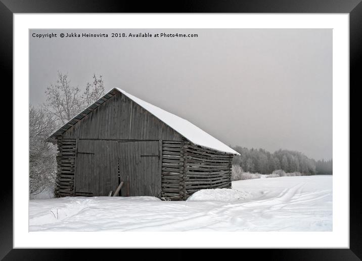 Old Barn With Wide Doors By The Snowy Field Framed Mounted Print by Jukka Heinovirta