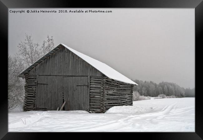 Old Barn With Wide Doors By The Snowy Field Framed Print by Jukka Heinovirta