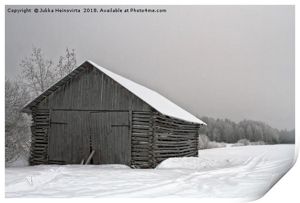 Old Barn With Wide Doors By The Snowy Field Print by Jukka Heinovirta
