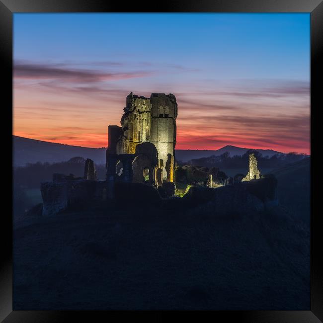 Corfe Castle sunset Framed Print by keith mitchell