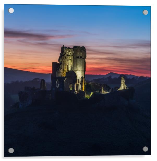 Corfe Castle sunset Acrylic by keith mitchell