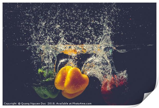 Green Yellow Red bell peppers drop into the water  Print by Quang Nguyen Duc
