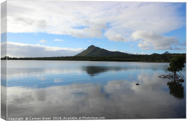 Mountain reflection in the lake, Mauritius Canvas Print by Carmen Green
