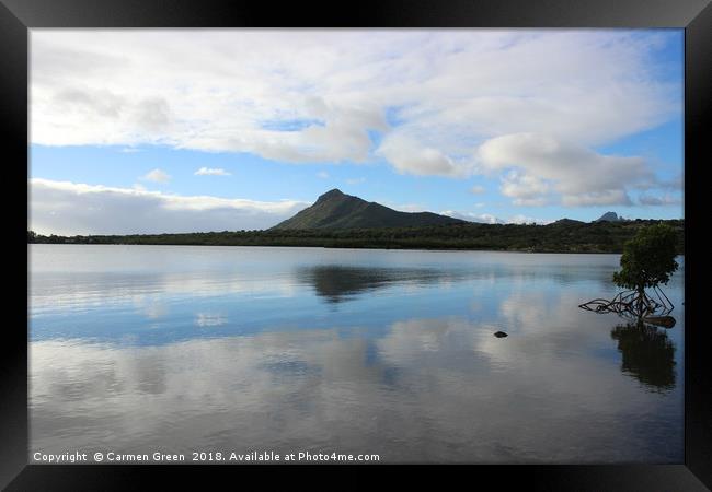 Mountain reflection in the lake, Mauritius Framed Print by Carmen Green