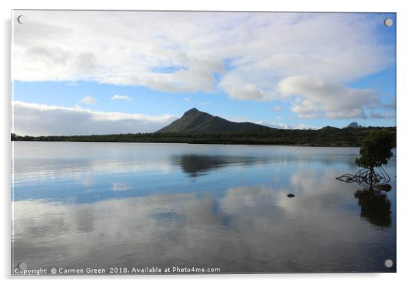 Mountain reflection in the lake, Mauritius Acrylic by Carmen Green