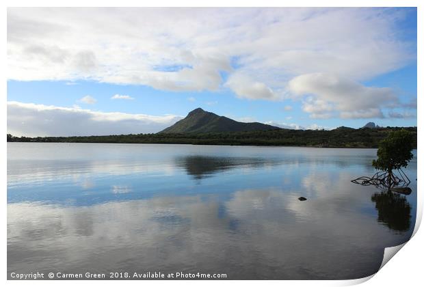 Mountain reflection in the lake, Mauritius Print by Carmen Green