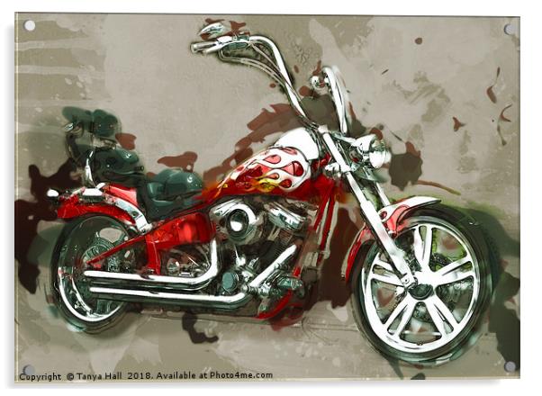 Red Chopper Motorbike, Watercolour oil grunge Prin Acrylic by Tanya Hall