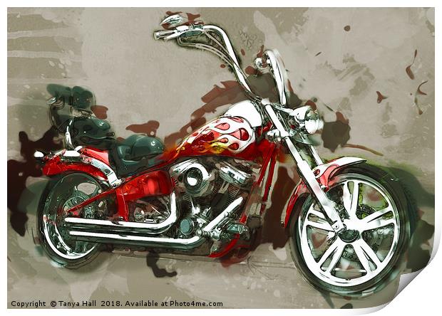 Red Chopper Motorbike, Watercolour oil grunge Prin Print by Tanya Hall