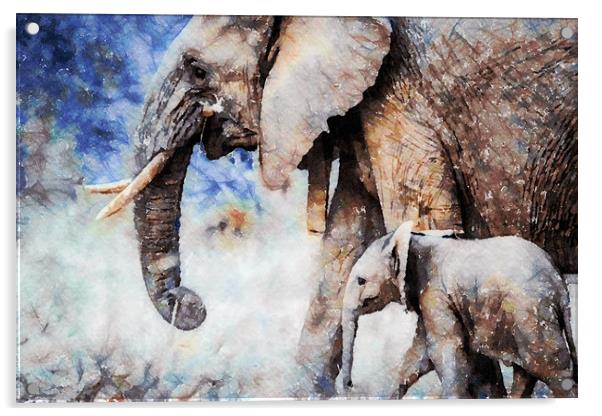 Elephant and Calf, Print Acrylic by Tanya Hall