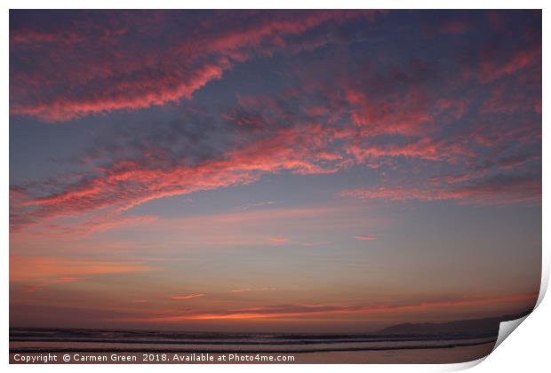 Fluffy pink clouds during sunset at Pismo Beach, C Print by Carmen Green