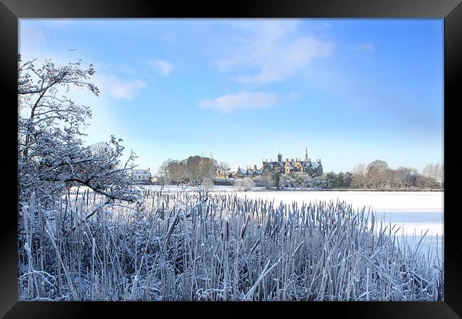 Lurgan Castle and lake frozen, County Armagh Framed Print by David McFarland
