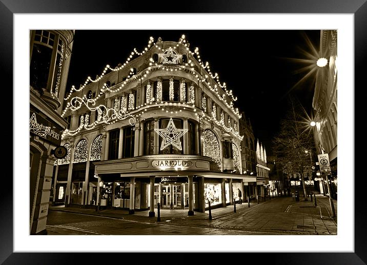 Festive Jarrold Store Norwich Sepia Framed Mounted Print by Paul Macro