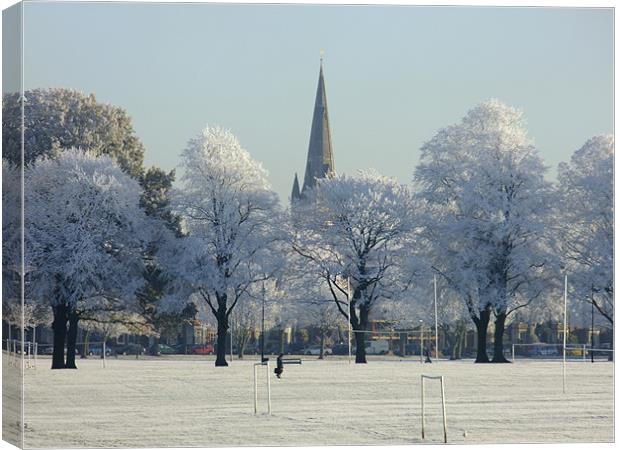 Snowy Trees and Spires at Northampton Racecourse Canvas Print by Ginny Gregg