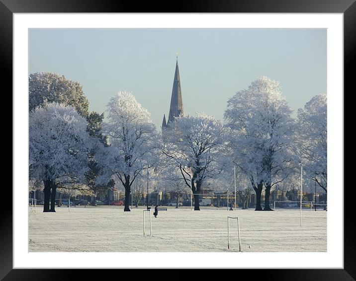 Snowy Trees and Spires at Northampton Racecourse Framed Mounted Print by Ginny Gregg