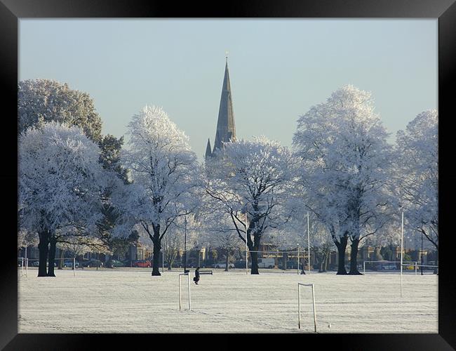 Snowy Trees and Spires at Northampton Racecourse Framed Print by Ginny Gregg
