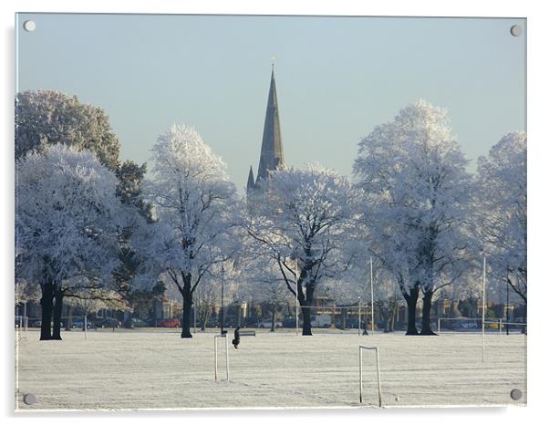 Snowy Trees and Spires at Northampton Racecourse Acrylic by Ginny Gregg