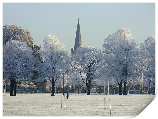 Snowy Trees and Spires at Northampton Racecourse Print by Ginny Gregg