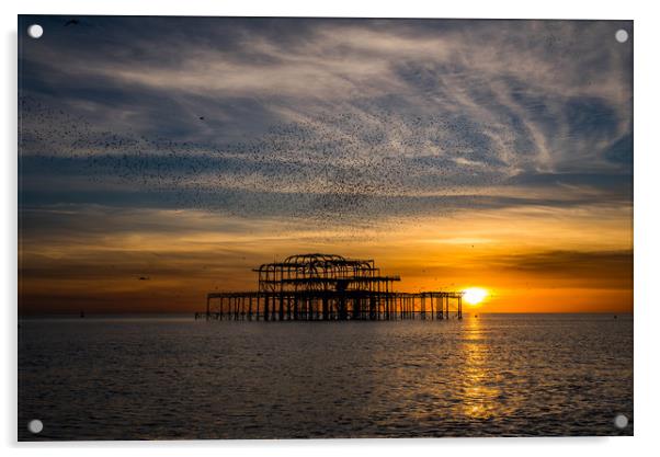 West pier at sunset with murmurations Acrylic by kevin long