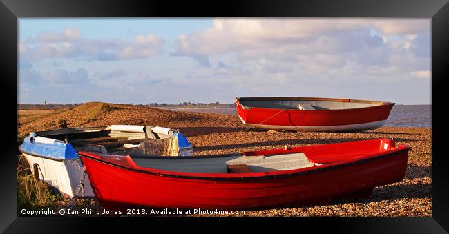 Red Fishing Boats On Dunwich Beach Suffolk Framed Print by Ian Philip Jones