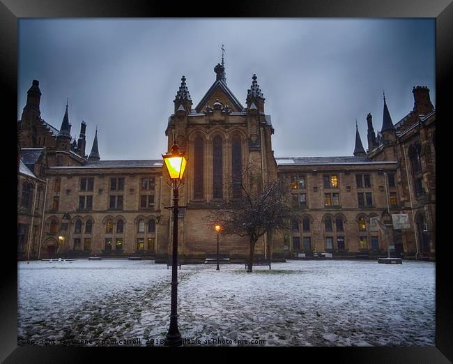 Glasgow University in winter, snow on the ground Framed Print by yvonne & paul carroll