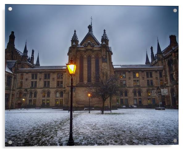 Glasgow University in winter, snow on the ground Acrylic by yvonne & paul carroll