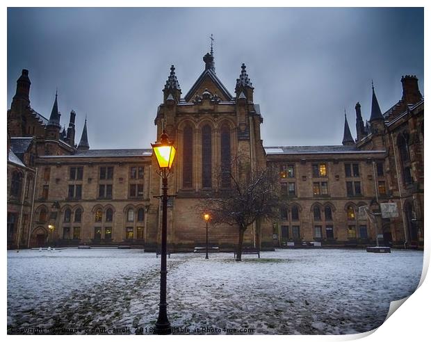 Glasgow University in winter, snow on the ground Print by yvonne & paul carroll