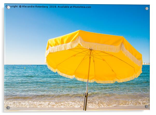 Giant yellow beach umbrella next to the ocean agai Acrylic by Alexandre Rotenberg