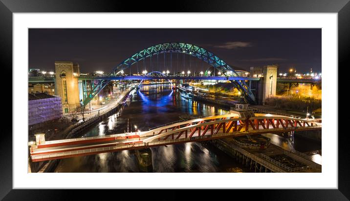Newcastle Bridges at Night Framed Mounted Print by Naylor's Photography